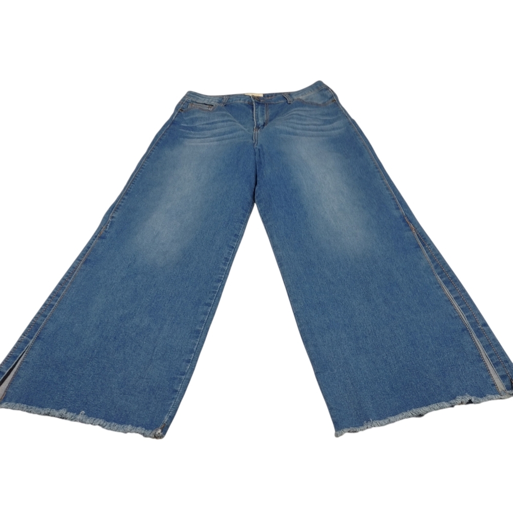Machine Pour Neuf Mode Wide Leg Jeans Blue Denim Side Slit Raw Hem Size 10/12 - Picture 3 of 12